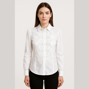 Vancl Cream Button Down Long Sleeve Shirt with Floral Crochet Accents